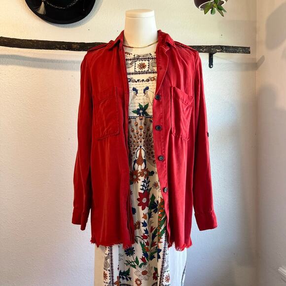 Zara Red Utility Cotton Button Front Fringe Raw Trim Long Sleeve Shirt Size S - Picture 1 of 10